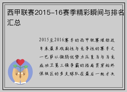 西甲联赛2015-16赛季精彩瞬间与排名汇总