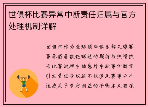 世俱杯比赛异常中断责任归属与官方处理机制详解